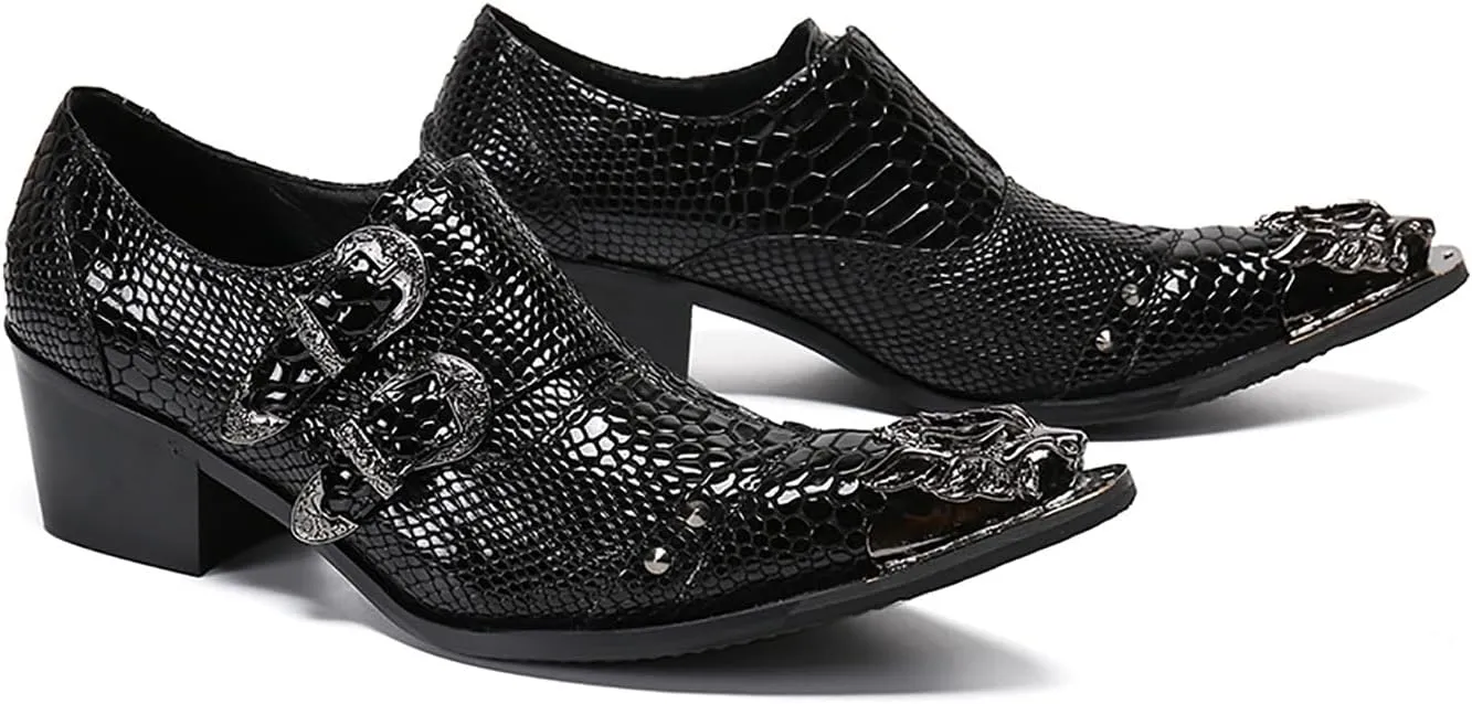 Mens Dress Shoes, 6cm Patent Leather Business Casual Increase Genuine Leather Shoes Large Size Low Top Buckle Metal Toe Slip-Ons, Wedding Shoes