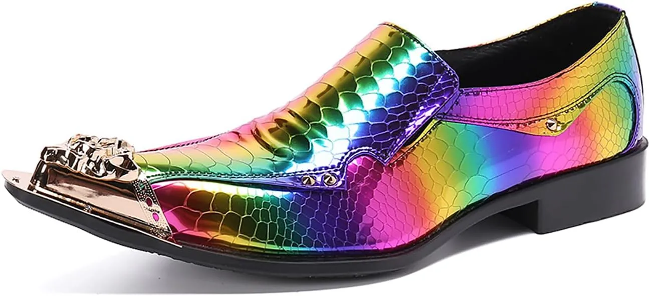 Mens Dress Shoes, Colorful Casual Genuine Leather Shoes Large Size Low Top Metal Toe Slip-Ons Breathable Business Formal Shoes