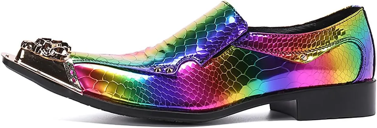 Mens Dress Shoes, Colorful Casual Genuine Leather Shoes Large Size Low Top Metal Toe Slip-Ons Breathable Business Formal Shoes