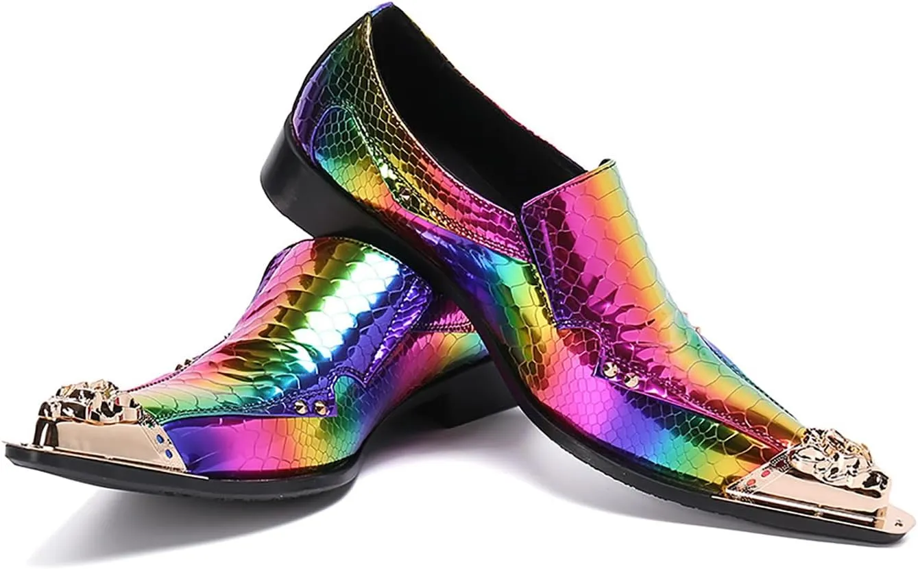 Mens Dress Shoes, Colorful Casual Genuine Leather Shoes Large Size Low Top Metal Toe Slip-Ons Breathable Business Formal Shoes