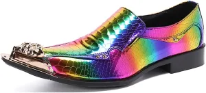 Mens Dress Shoes, Colorful Casual Genuine Leather Shoes Large Size Low Top Metal Toe Slip-Ons Breathable Business Formal Shoes