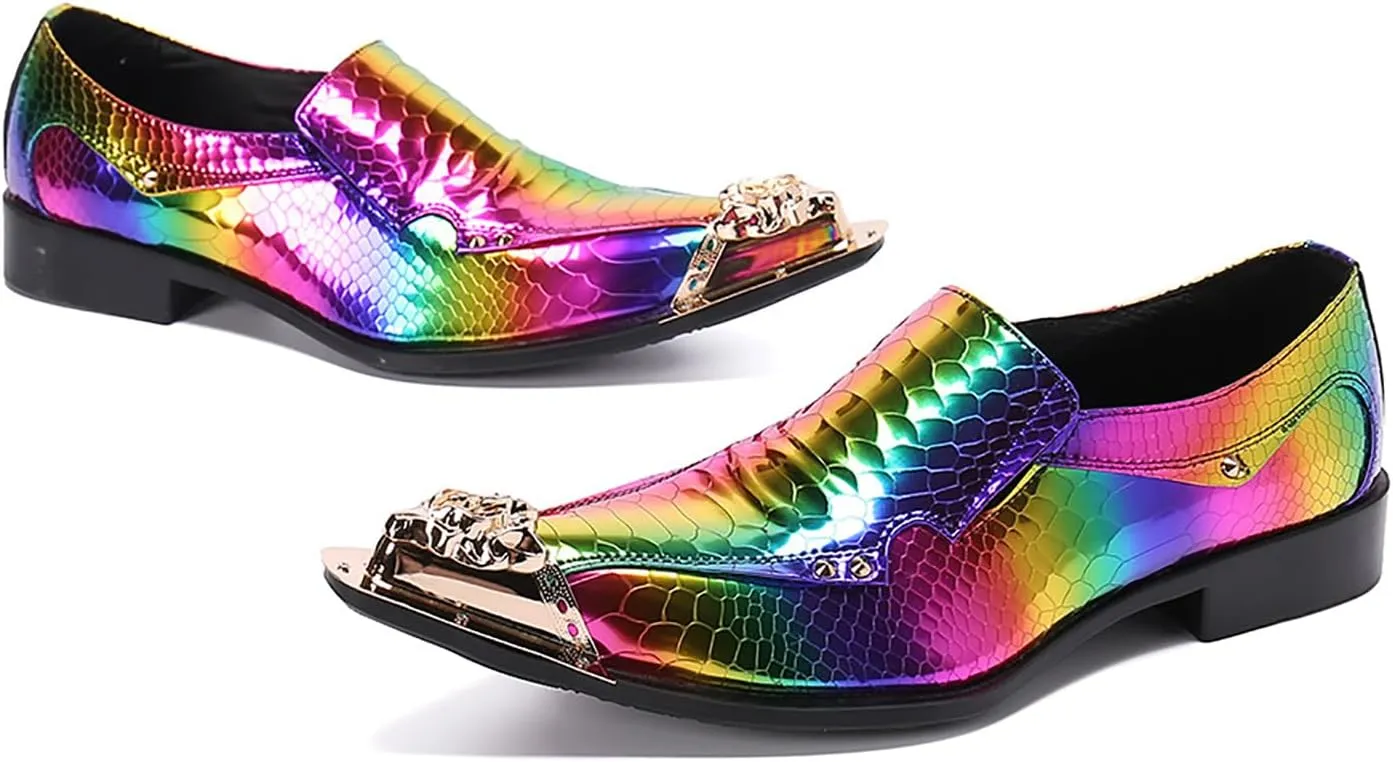 Mens Dress Shoes, Colorful Casual Genuine Leather Shoes Large Size Low Top Metal Toe Slip-Ons Breathable Business Formal Shoes
