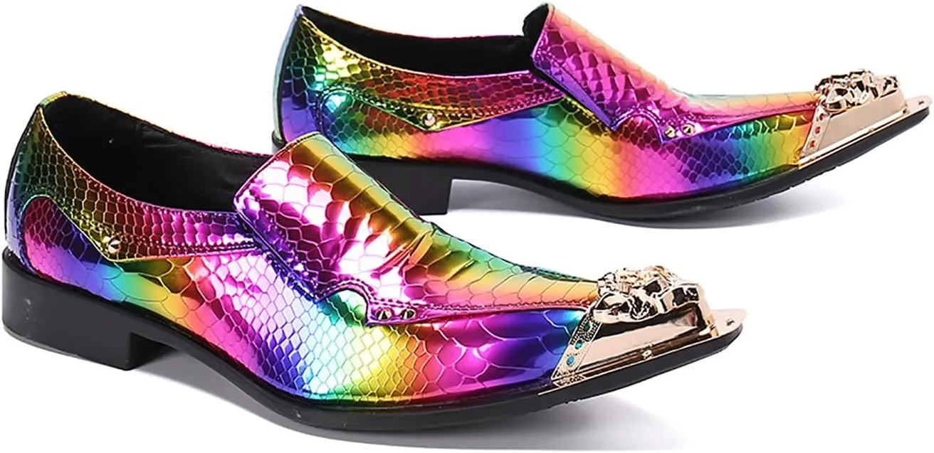 Mens Dress Shoes, Colorful Casual Genuine Leather Shoes Large Size Low Top Metal Toe Slip-Ons Breathable Business Formal Shoes