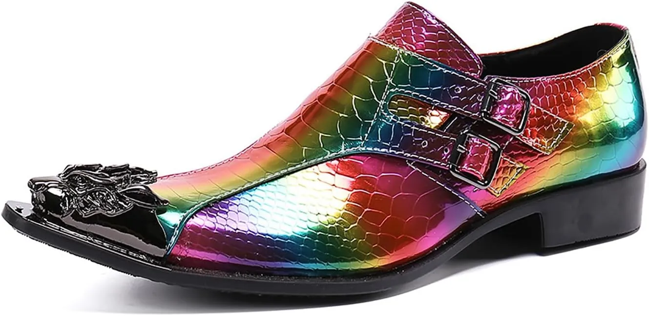Mens Dress Shoes, Colorful Casual Genuine Leather Shoes Large Size Low Top Metal Toe Slip-Ons Buckle Breathable Business Formal Shoes