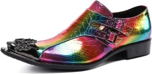 Mens Dress Shoes, Colorful Casual Genuine Leather Shoes Large Size Low Top Metal Toe Slip-Ons Buckle Breathable Business Formal Shoes