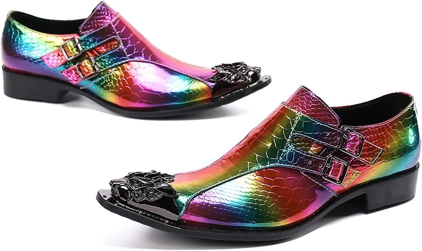 Mens Dress Shoes, Colorful Casual Genuine Leather Shoes Large Size Low Top Metal Toe Slip-Ons Buckle Breathable Business Formal Shoes