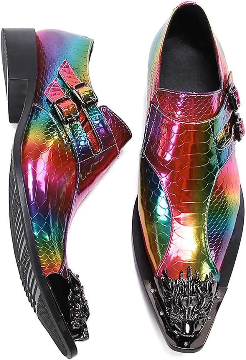Mens Dress Shoes, Colorful Casual Genuine Leather Shoes Large Size Low Top Metal Toe Slip-Ons Buckle Breathable Business Formal Shoes