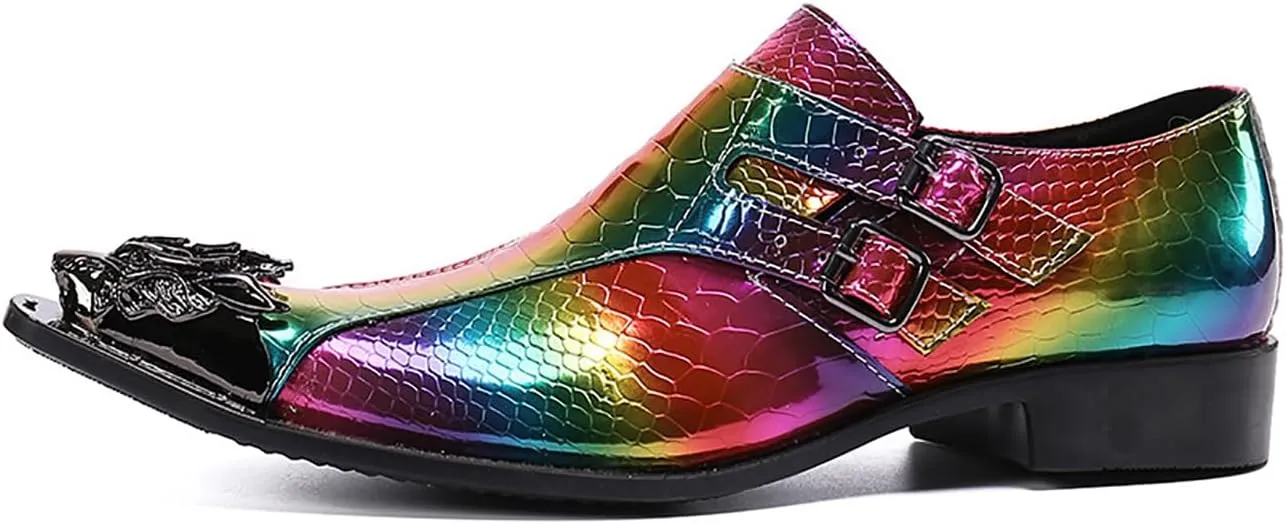 Mens Dress Shoes, Colorful Casual Genuine Leather Shoes Large Size Low Top Metal Toe Slip-Ons Buckle Breathable Business Formal Shoes