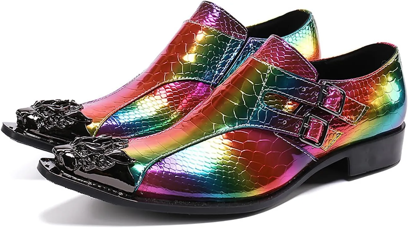 Mens Dress Shoes, Colorful Casual Genuine Leather Shoes Large Size Low Top Metal Toe Slip-Ons Buckle Breathable Business Formal Shoes