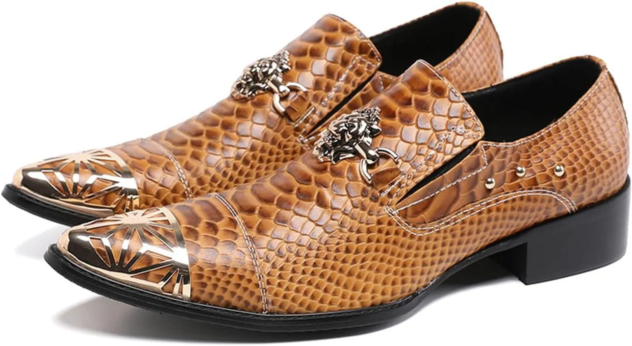 Mens Dress Shoes, Cowhide Lazy Shoes Genuine Leather Shoes Large Size Low Top Metal Toe Slip-Ons Breathable Business Formal Shoes