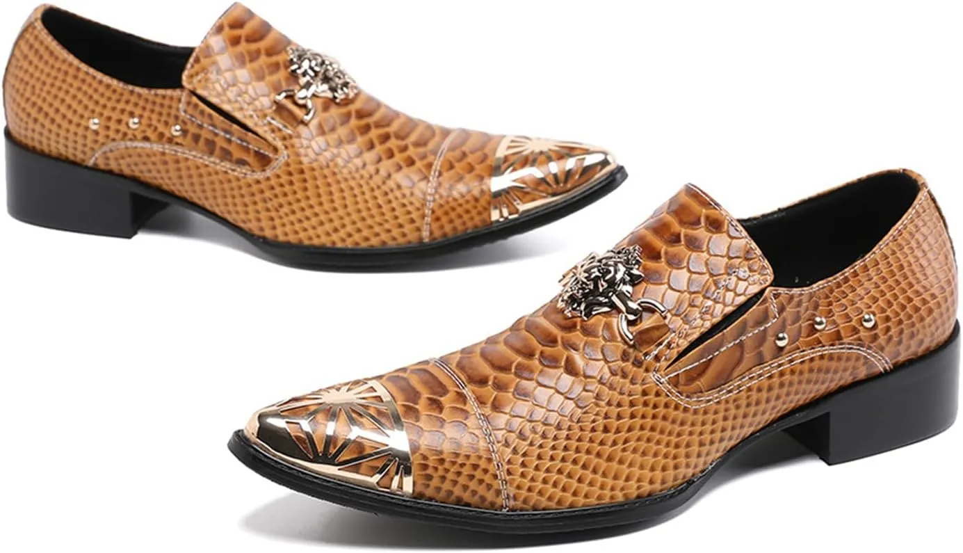 Mens Dress Shoes, Cowhide Lazy Shoes Genuine Leather Shoes Large Size Low Top Metal Toe Slip-Ons Breathable Business Formal Shoes