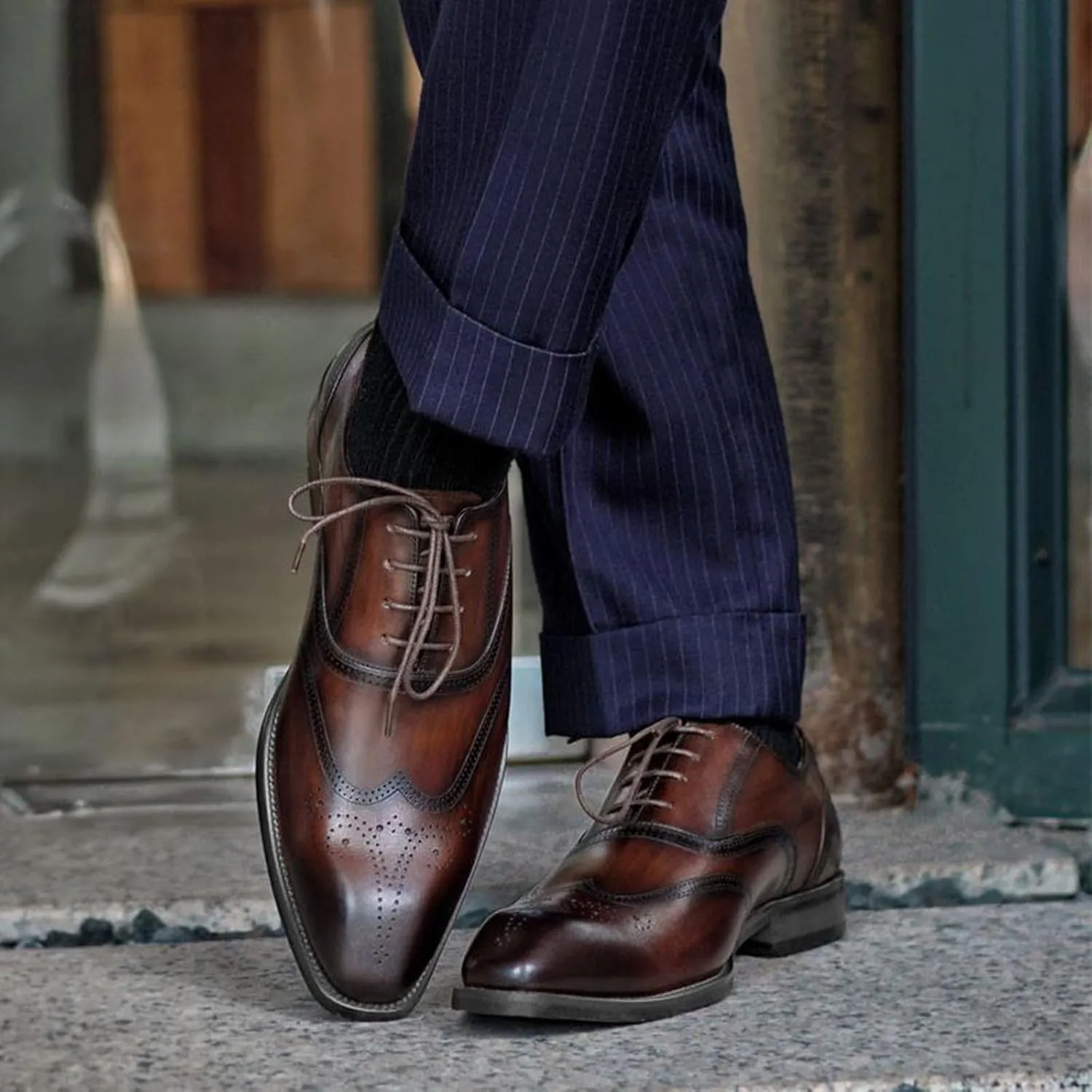 Men's Dress Shoes, Mens Oxford Shoes, Wooden Stripes Leather Stylish Lace-Up Wingtip Brogues, Business Casual Derby Formal Shoe
