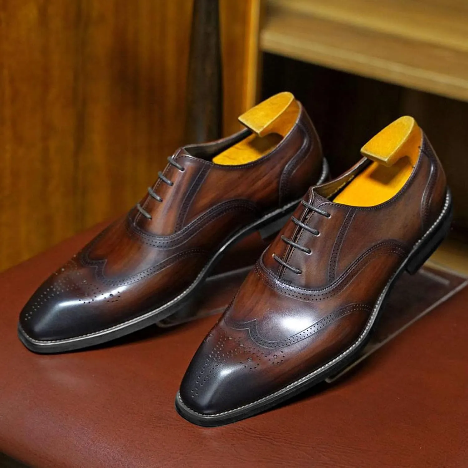 Men's Dress Shoes, Mens Oxford Shoes, Wooden Stripes Leather Stylish Lace-Up Wingtip Brogues, Business Casual Derby Formal Shoe