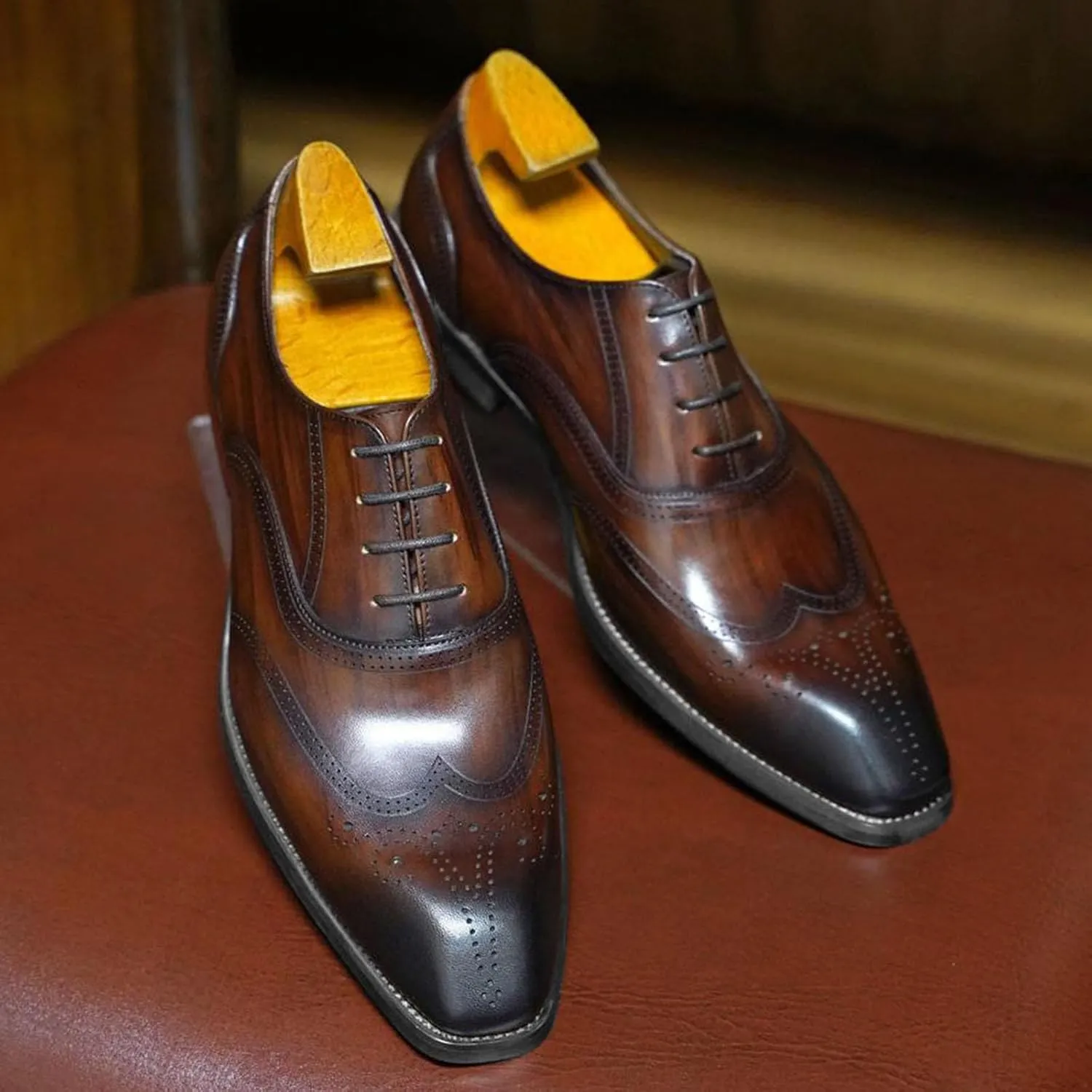 Men's Dress Shoes, Mens Oxford Shoes, Wooden Stripes Leather Stylish Lace-Up Wingtip Brogues, Business Casual Derby Formal Shoe