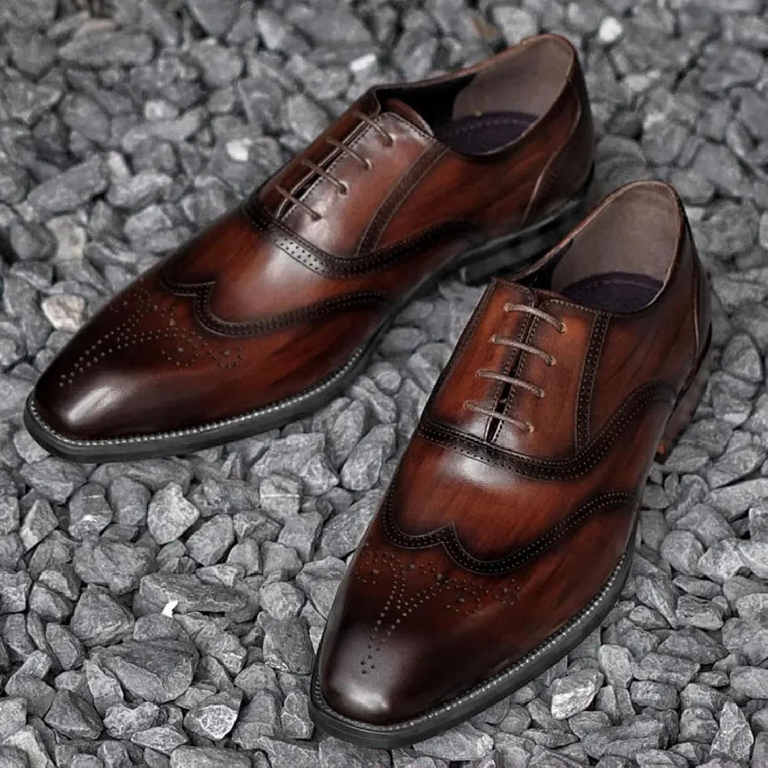 Men's Dress Shoes, Mens Oxford Shoes, Wooden Stripes Leather Stylish Lace-Up Wingtip Brogues, Business Casual Derby Formal Shoe