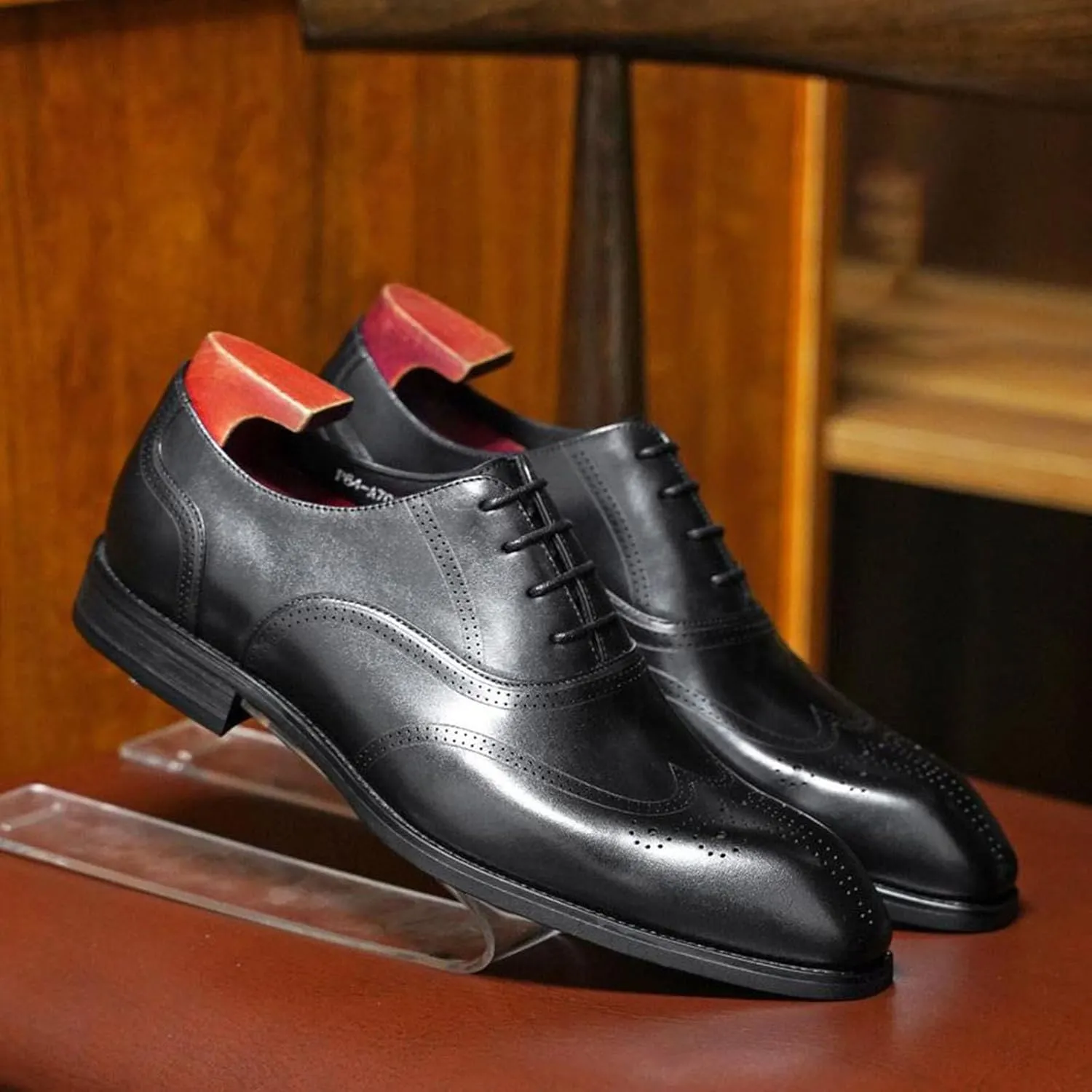 Men's Dress Shoes, Mens Oxford Shoes, Wooden Stripes Leather Stylish Lace-Up Wingtip Brogues, Business Casual Derby Formal Shoe