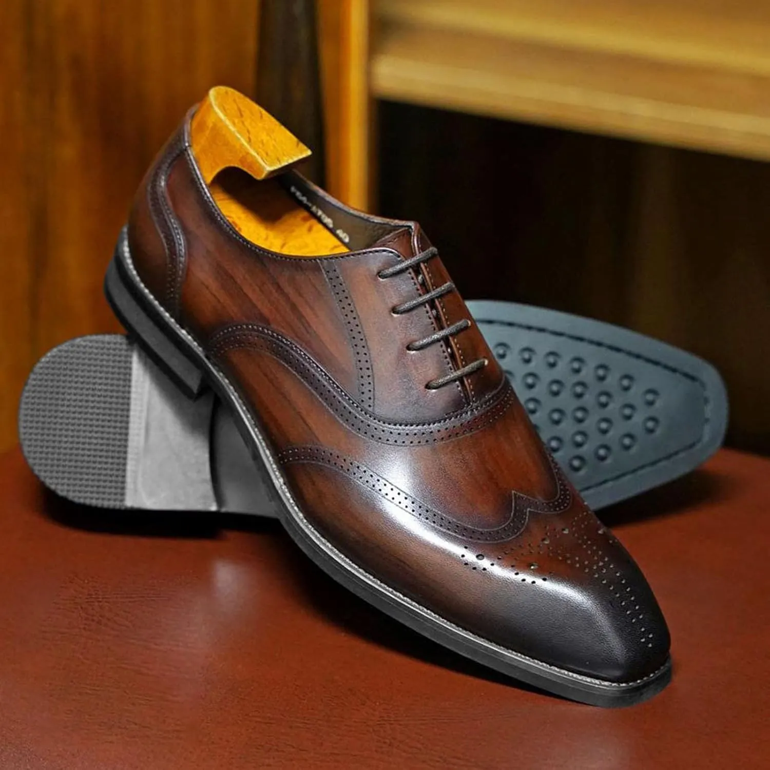 Men's Dress Shoes, Mens Oxford Shoes, Wooden Stripes Leather Stylish Lace-Up Wingtip Brogues, Business Casual Derby Formal Shoe
