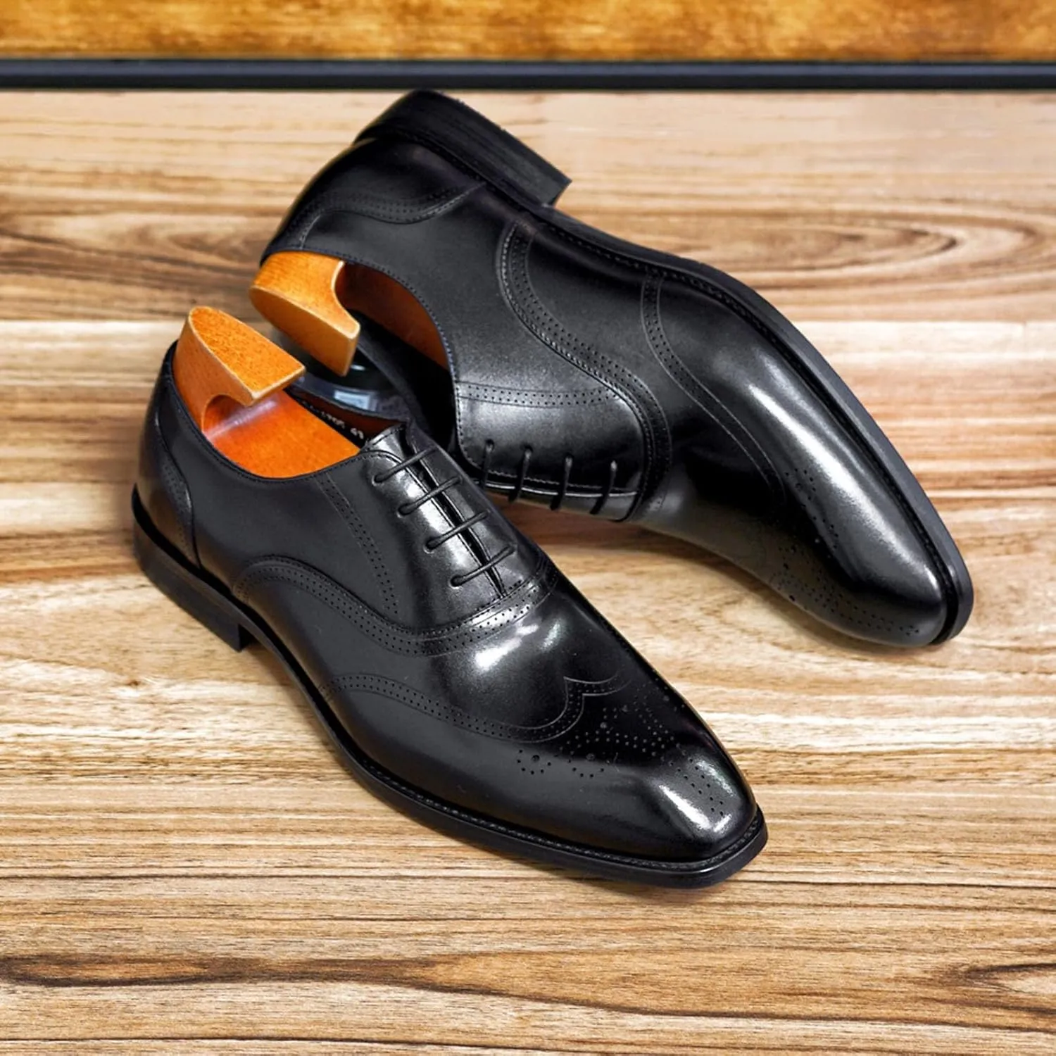 Men's Dress Shoes, Mens Oxford Shoes, Wooden Stripes Leather Stylish Lace-Up Wingtip Brogues, Business Casual Derby Formal Shoe