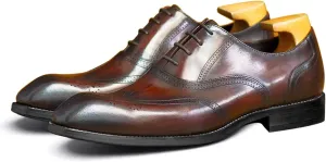 Men's Dress Shoes, Mens Oxford Shoes, Wooden Stripes Leather Stylish Lace-Up Wingtip Brogues, Business Casual Derby Formal Shoe