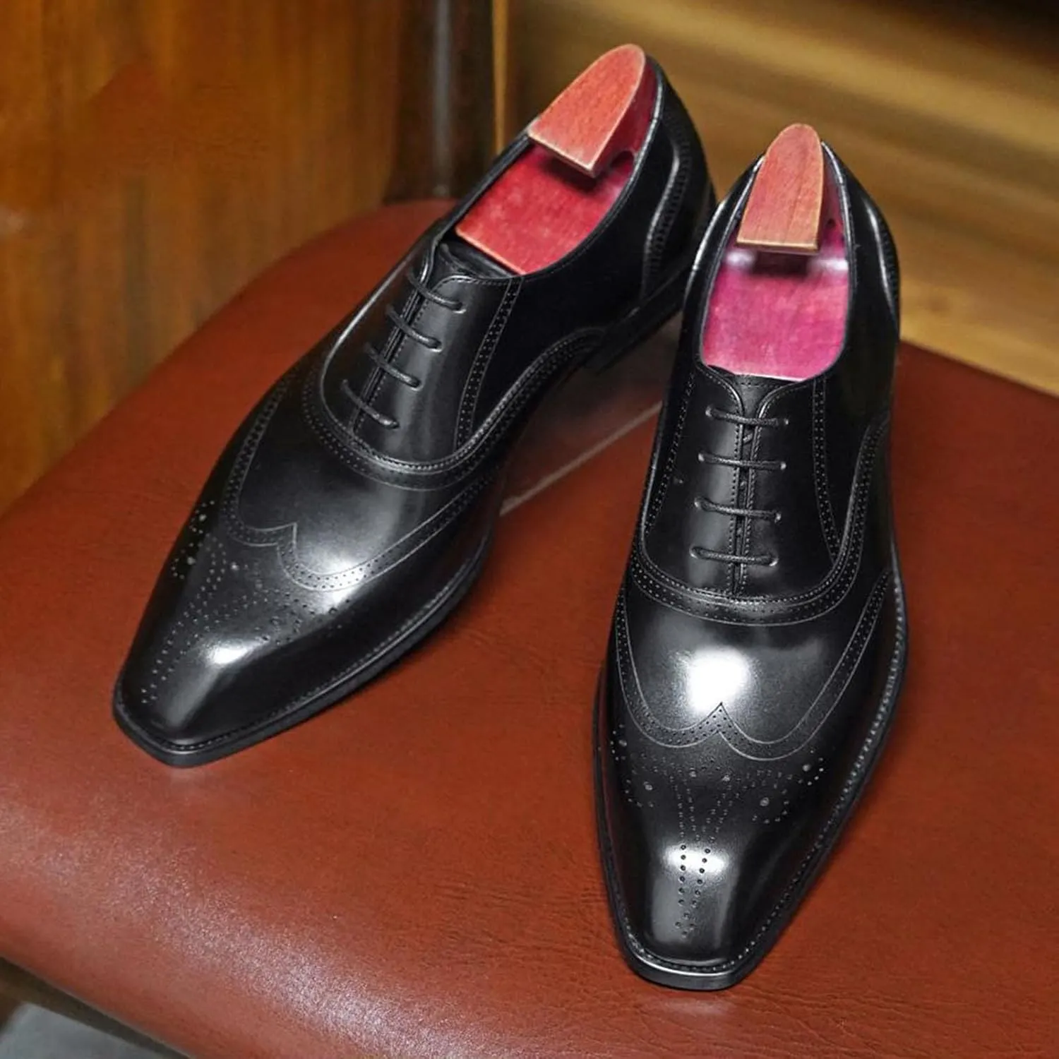 Men's Dress Shoes, Mens Oxford Shoes, Wooden Stripes Leather Stylish Lace-Up Wingtip Brogues, Business Casual Derby Formal Shoe