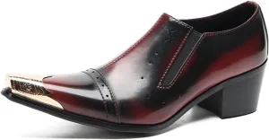 Mens Dress Shoes, Red 6cm Increase Brogues Loafers Plus Size Genuine Leather Slip on Casual Business Low Top Pointed Toe, Breathable Suit Shoes