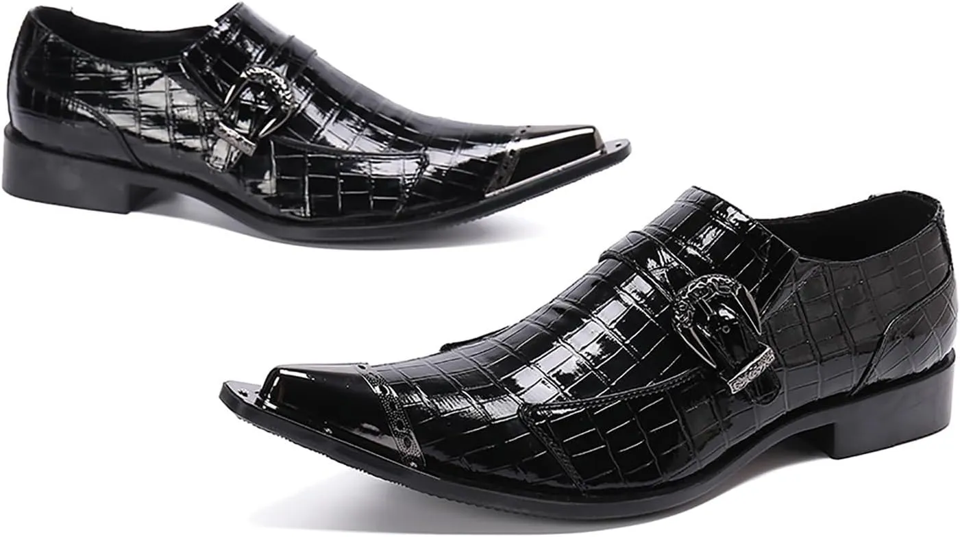 Mens Dress Shoes, Shiny Skin Casual Genuine Leather Shoes Large Size Low Top Metal Toe Slip-Ons Breathable Business Formal Shoes