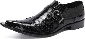 Mens Dress Shoes, Shiny Skin Casual Genuine Leather Shoes Large Size Low Top Metal Toe Slip-Ons Breathable Business Formal Shoes