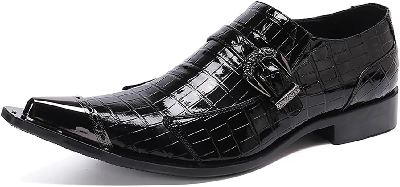 Mens Dress Shoes, Shiny Skin Casual Genuine Leather Shoes Large Size Low Top Metal Toe Slip-Ons Breathable Business Formal Shoes