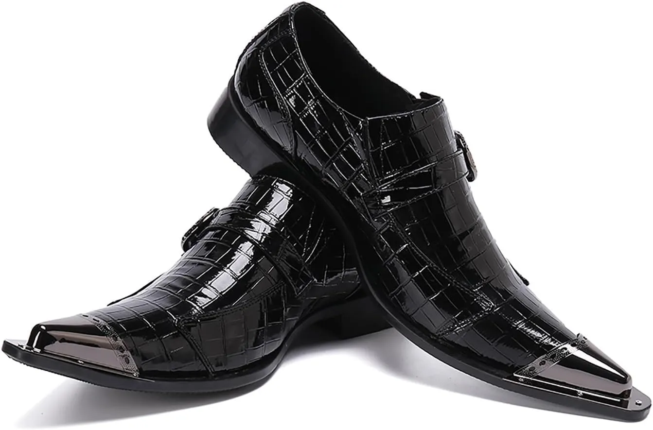 Mens Dress Shoes, Shiny Skin Casual Genuine Leather Shoes Large Size Low Top Metal Toe Slip-Ons Breathable Business Formal Shoes