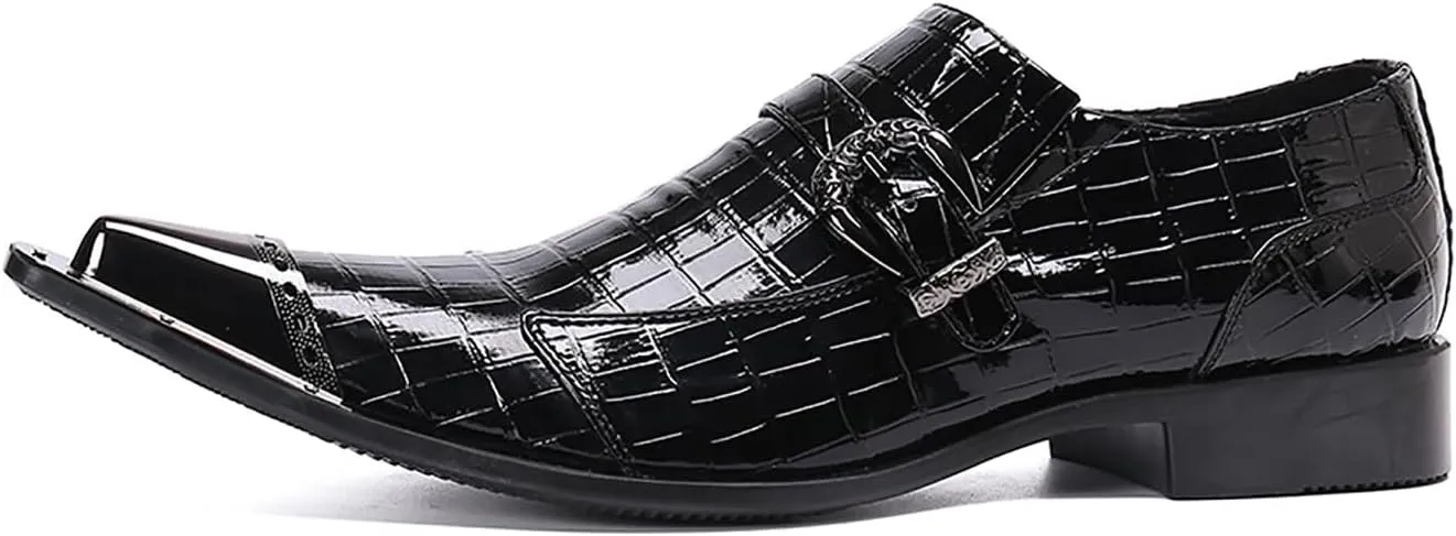 Mens Dress Shoes, Shiny Skin Casual Genuine Leather Shoes Large Size Low Top Metal Toe Slip-Ons Breathable Business Formal Shoes