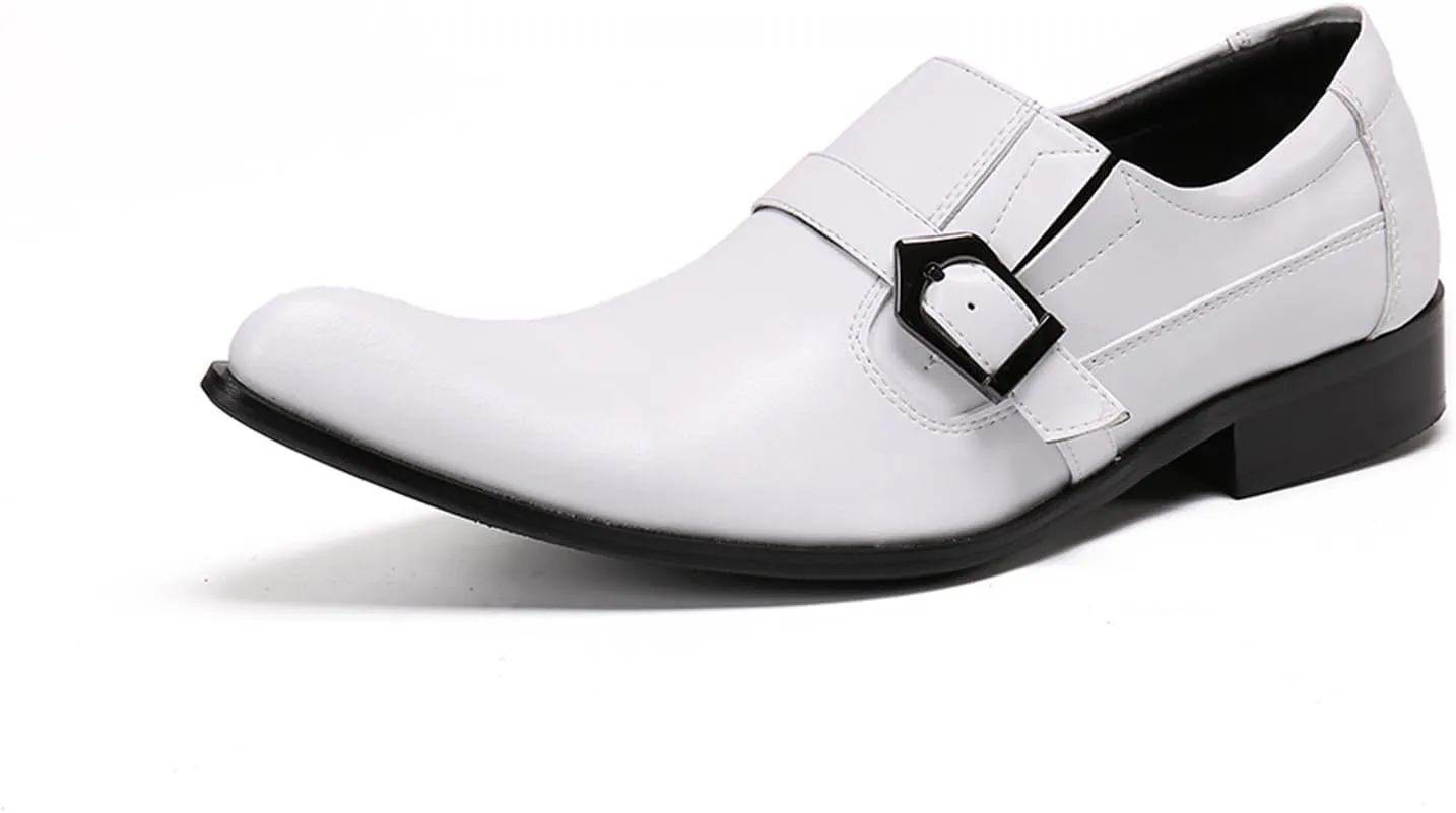 Mens Dress Shoes, White Buckle Cowhide Shoes Genuine Leather Large Size Low Top Pointed Toe Slip-Ons Breathable Formal Shoes, Wedding Shoes
