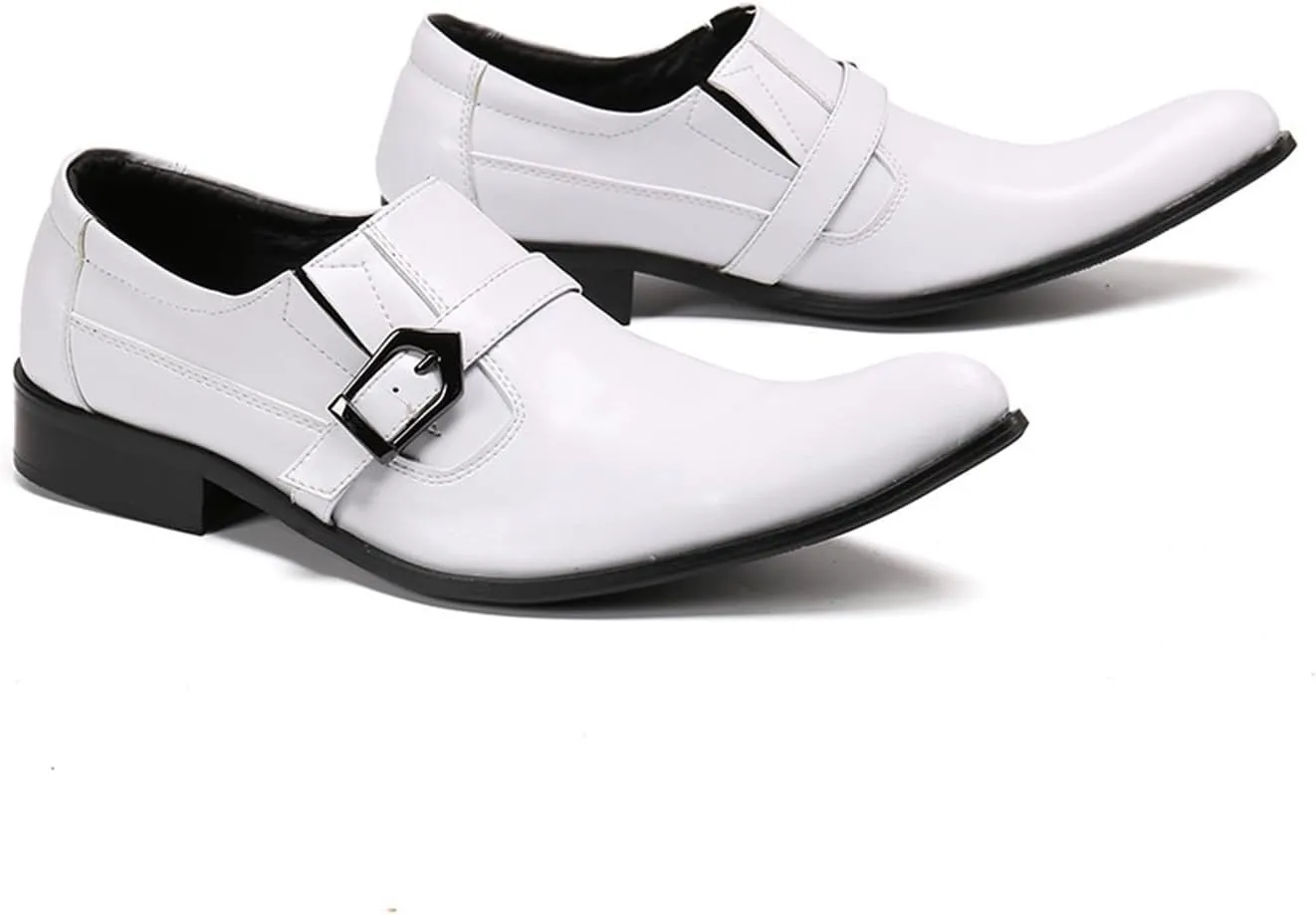 Mens Dress Shoes, White Buckle Cowhide Shoes Genuine Leather Large Size Low Top Pointed Toe Slip-Ons Breathable Formal Shoes, Wedding Shoes
