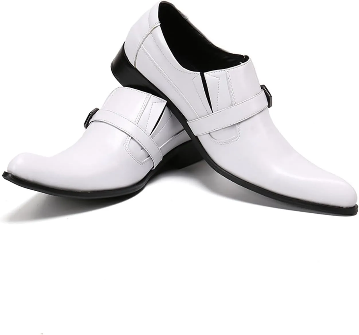 Mens Dress Shoes, White Buckle Cowhide Shoes Genuine Leather Large Size Low Top Pointed Toe Slip-Ons Breathable Formal Shoes, Wedding Shoes