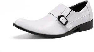 Mens Dress Shoes, White Buckle Cowhide Shoes Genuine Leather Large Size Low Top Pointed Toe Slip-Ons Breathable Formal Shoes, Wedding Shoes