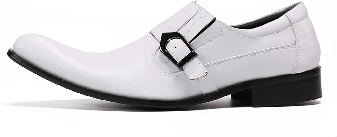 Mens Dress Shoes, White Buckle Cowhide Shoes Genuine Leather Large Size Low Top Pointed Toe Slip-Ons Breathable Formal Shoes, Wedding Shoes