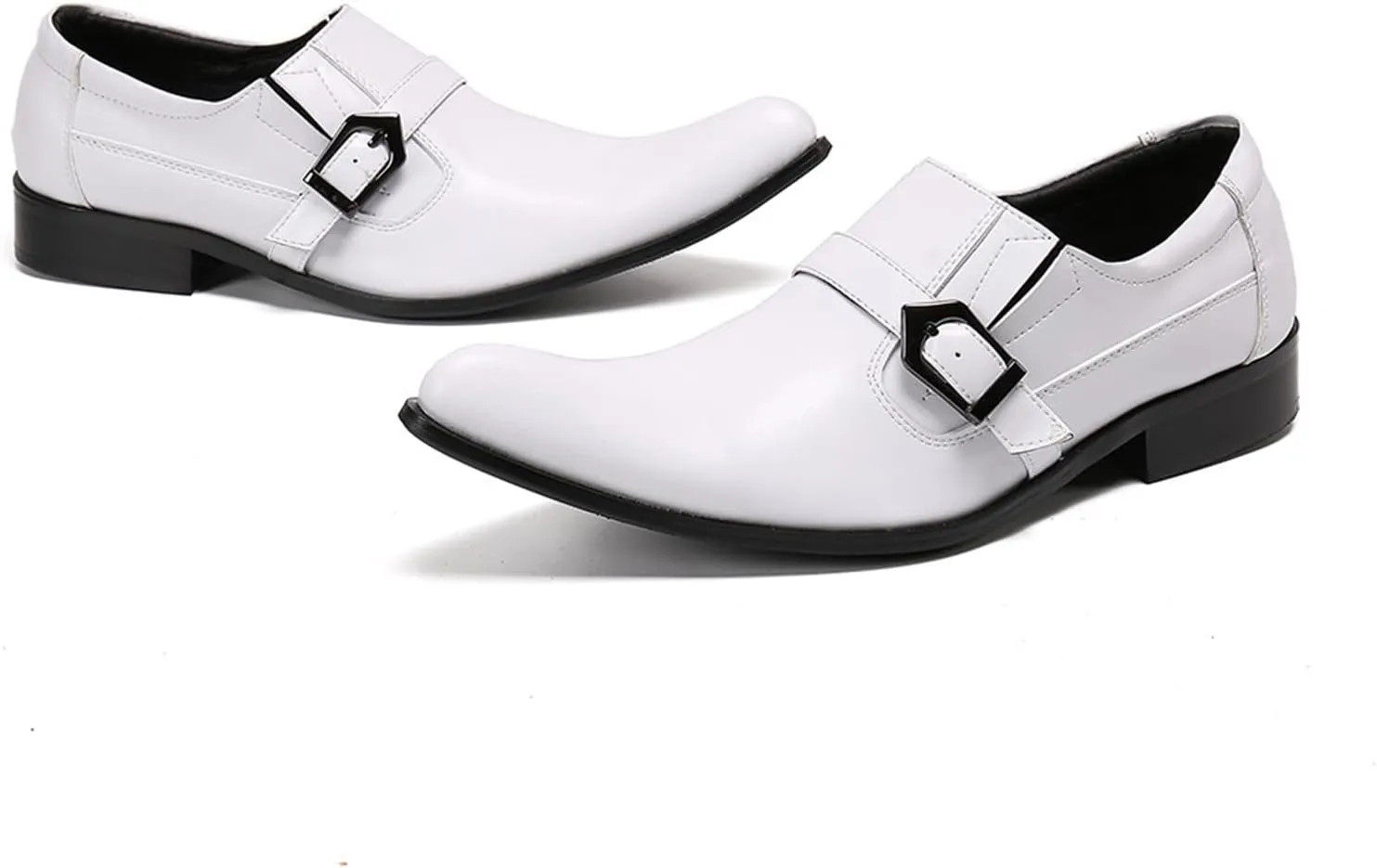 Mens Dress Shoes, White Buckle Cowhide Shoes Genuine Leather Large Size Low Top Pointed Toe Slip-Ons Breathable Formal Shoes, Wedding Shoes