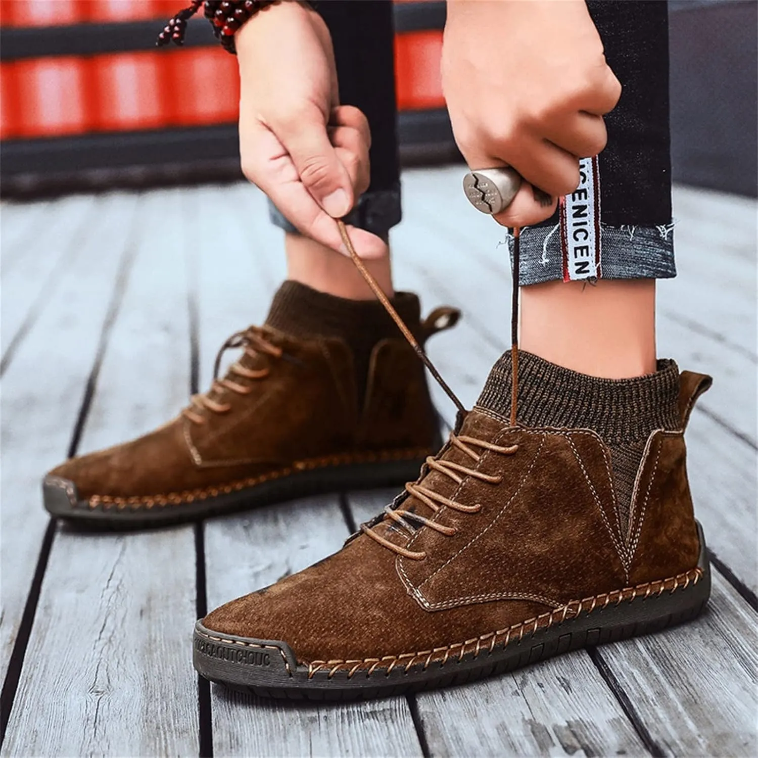 Mens Dress Sneakers Vintage Lace-up Mid Loafers Fashion Boot Motorcycle Walking Boots Casual Ankle Shoes
