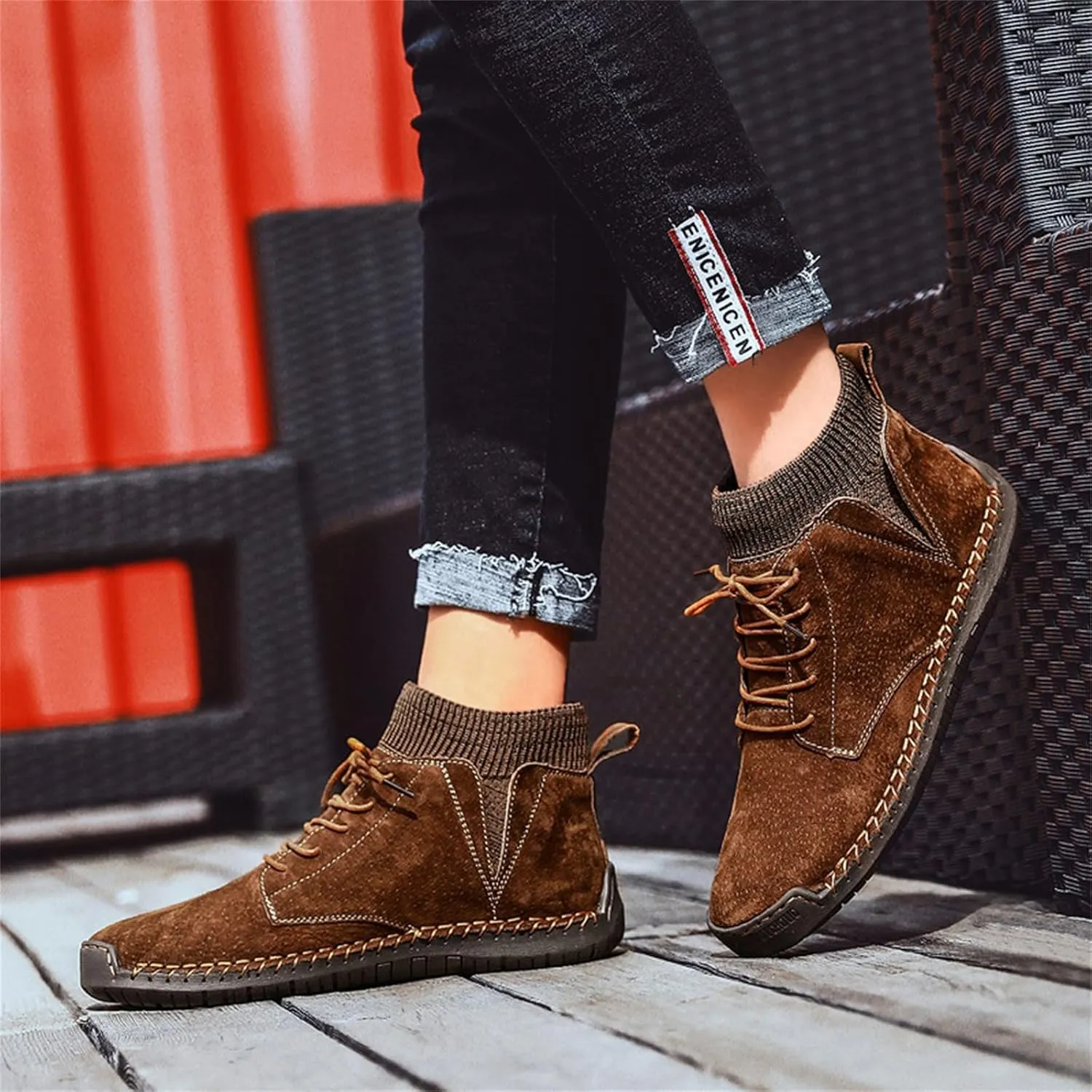 Mens Dress Sneakers Vintage Lace-up Mid Loafers Fashion Boot Motorcycle Walking Boots Casual Ankle Shoes