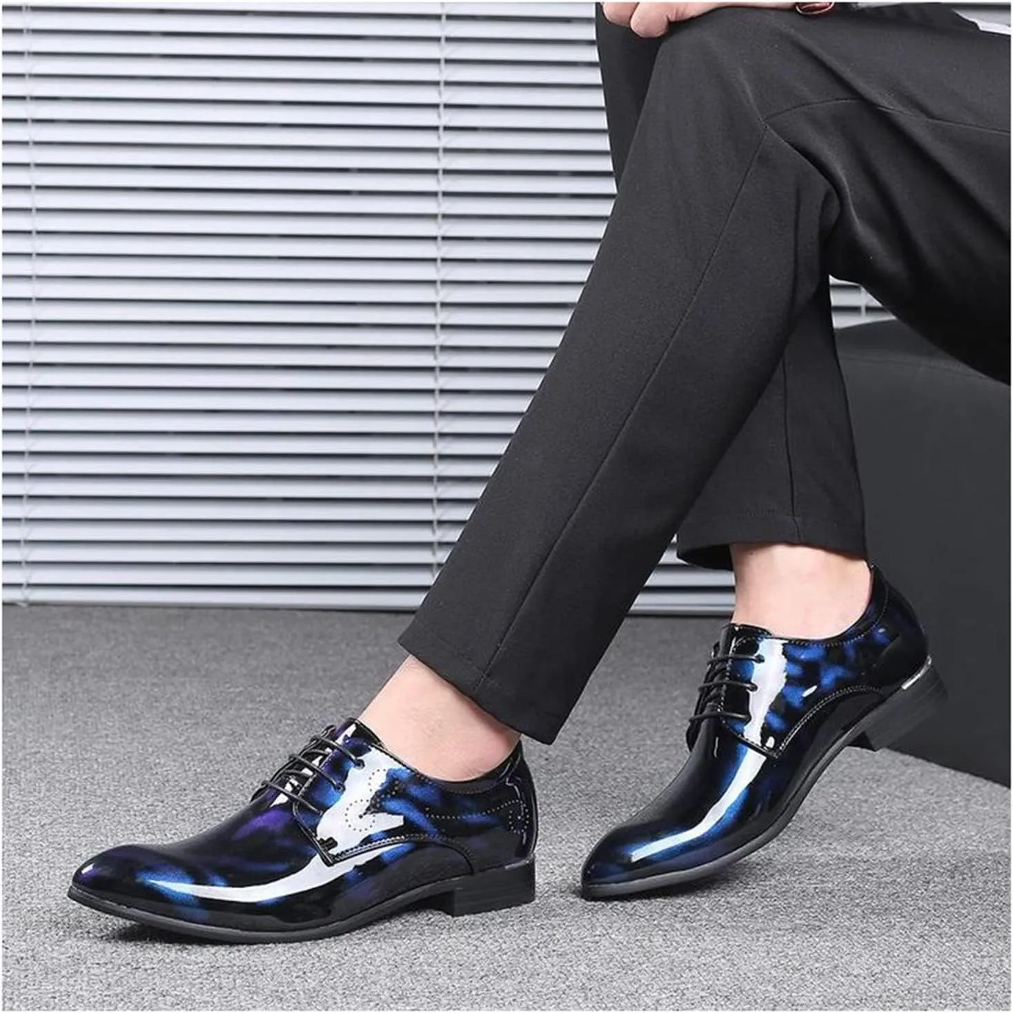 Mens Fashion Floral Patent Derby Shoes Lace Up Formal Business Shoes Pointed Toe Shiny Flat Dress Shoes for Men