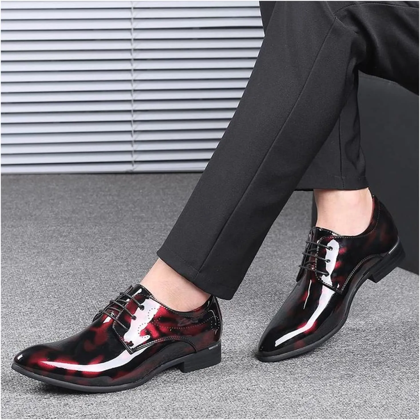 Mens Fashion Floral Patent Derby Shoes Lace Up Formal Business Shoes Pointed Toe Shiny Flat Dress Shoes for Men