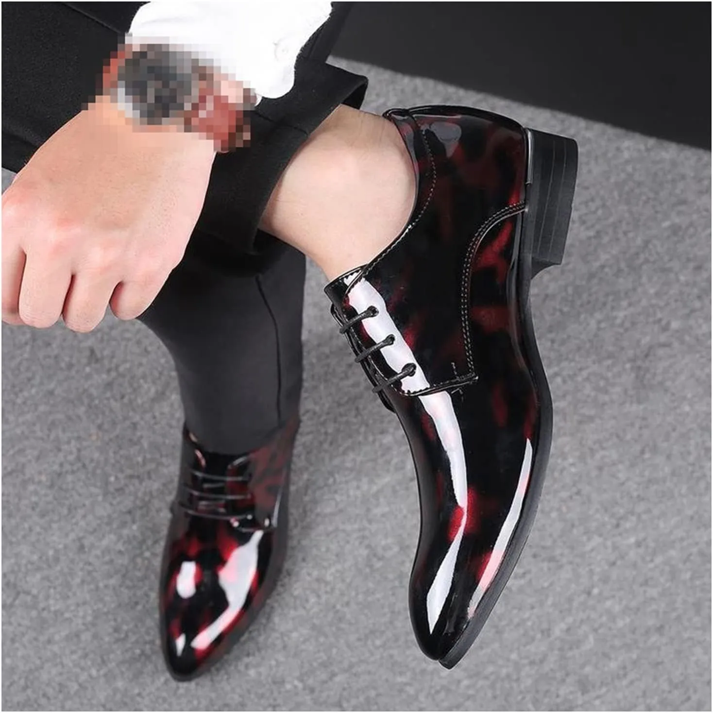 Mens Fashion Floral Patent Derby Shoes Lace Up Formal Business Shoes Pointed Toe Shiny Flat Dress Shoes for Men