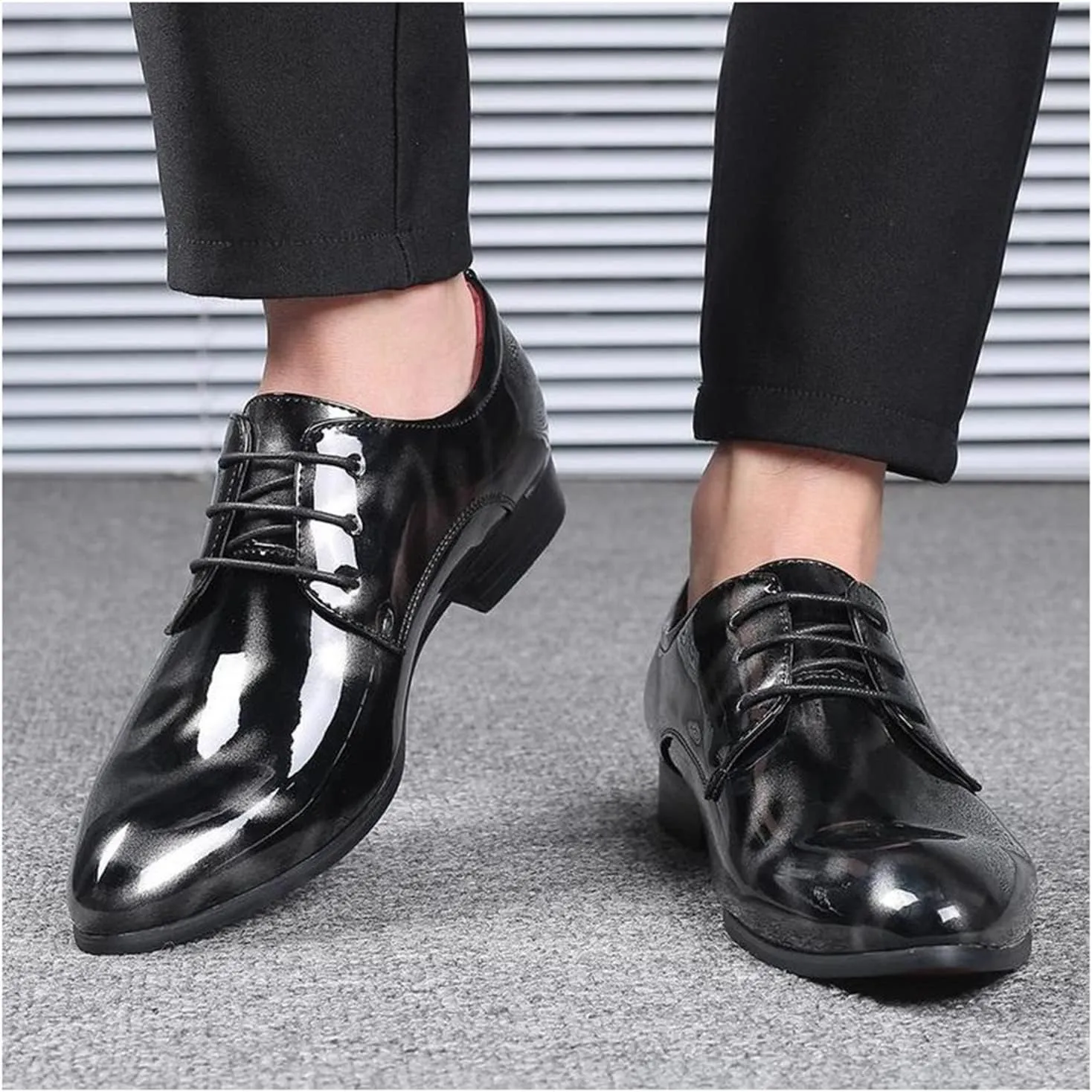 Mens Fashion Floral Patent Derby Shoes Lace Up Formal Business Shoes Pointed Toe Shiny Flat Dress Shoes for Men