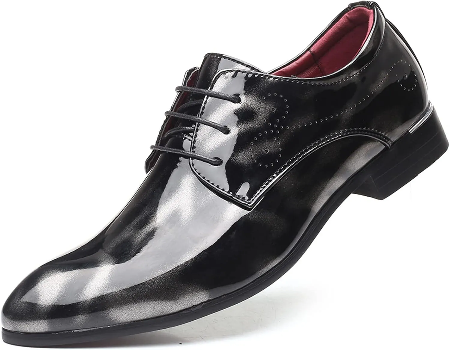 Mens Fashion Floral Patent Derby Shoes Lace Up Formal Business Shoes Pointed Toe Shiny Flat Dress Shoes for Men
