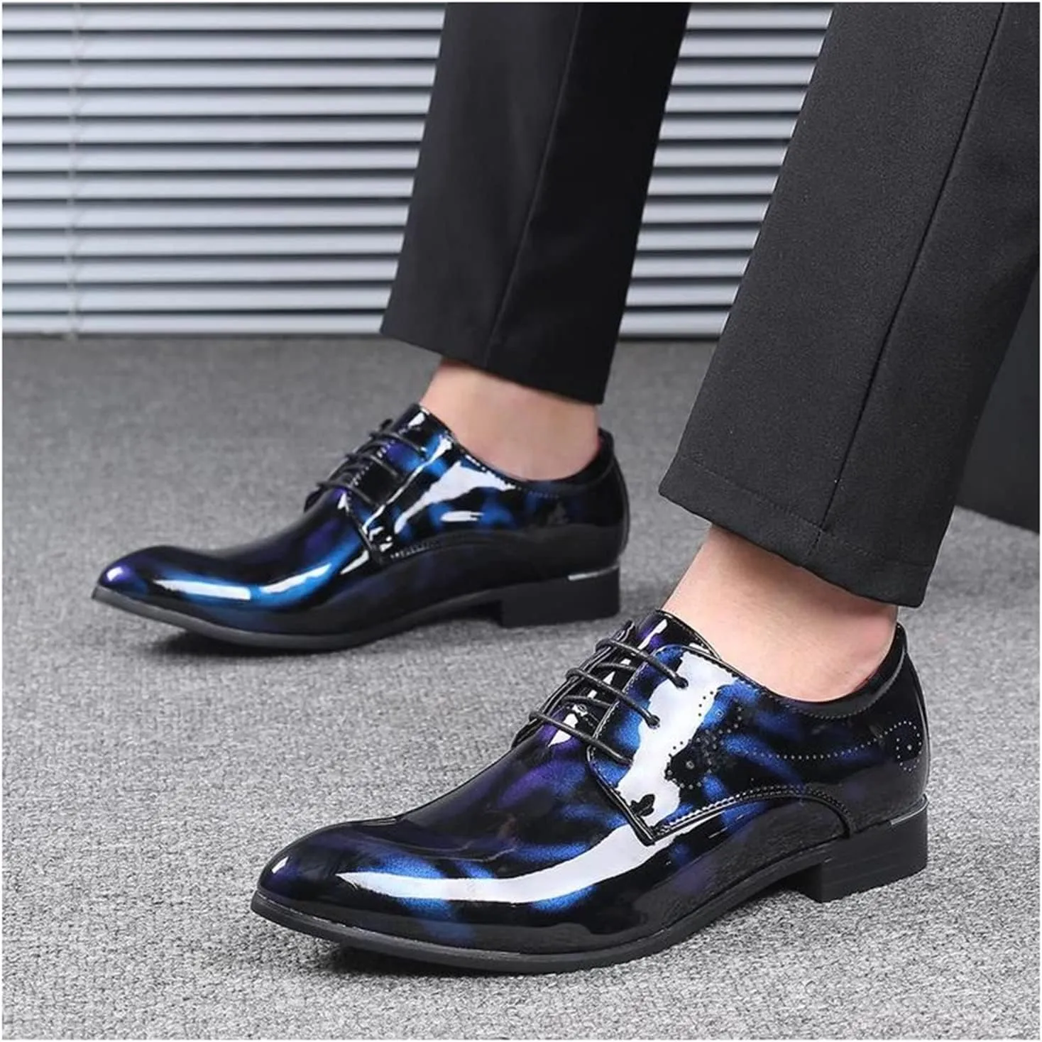 Mens Fashion Floral Patent Derby Shoes Lace Up Formal Business Shoes Pointed Toe Shiny Flat Dress Shoes for Men