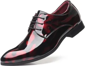 Mens Fashion Floral Patent Derby Shoes Lace Up Formal Business Shoes Pointed Toe Shiny Flat Dress Shoes for Men