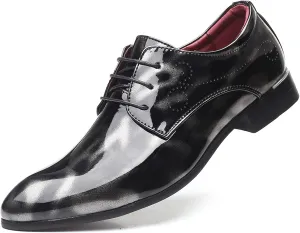 Mens Fashion Floral Patent Derby Shoes Lace Up Formal Business Shoes Pointed Toe Shiny Flat Dress Shoes for Men