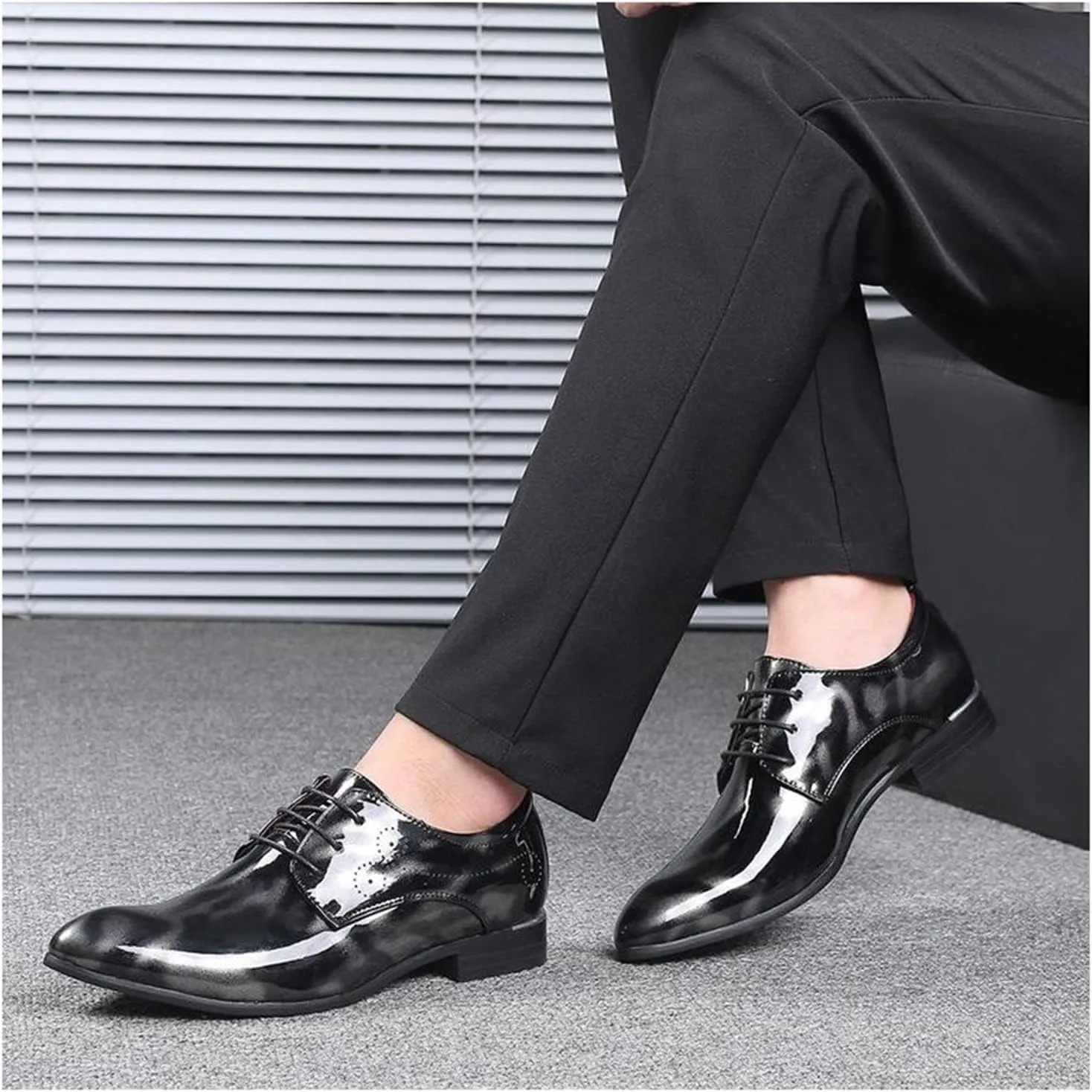Mens Fashion Floral Patent Derby Shoes Lace Up Formal Business Shoes Pointed Toe Shiny Flat Dress Shoes for Men