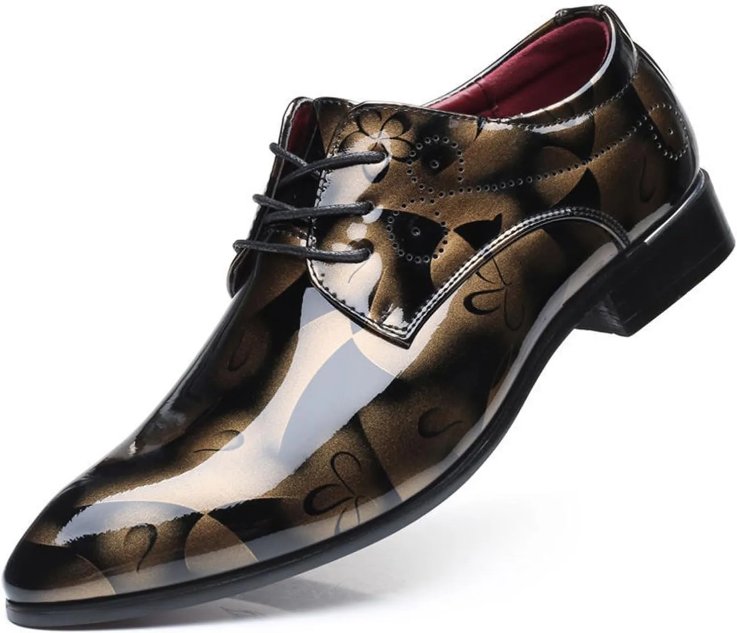 Mens Fashion Floral Patent Leather Tuxedo Oxfords Pointed Toe Shiny Flat Lace Up Formal Business Shoes for Men