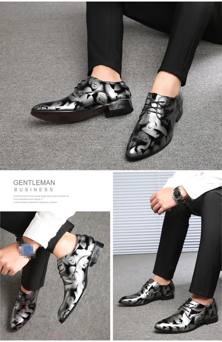Mens Fashion Floral Patent Leather Tuxedo Oxfords Pointed Toe Shiny Flat Lace Up Formal Business Shoes for Men