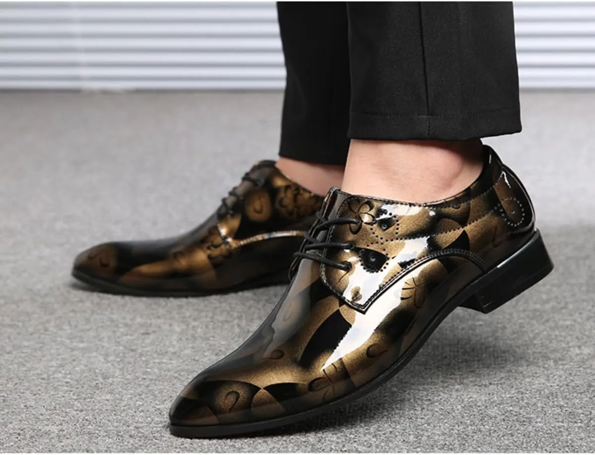 Mens Fashion Floral Patent Leather Tuxedo Oxfords Pointed Toe Shiny Flat Lace Up Formal Business Shoes for Men